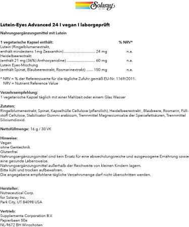 Solaray Lutein-Eyes Advanced 24mg | Vegan & Gluten-Free | 30 Capsules | Lab-Tested Dietary Supplements with Marigolds & Zeaxanthin for Eye Health - Buy Online on GoSupps.com