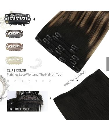 Moresoo Balayage Clip In Hair Extensions - Real Hair Ombre #1B/4/18 & #1B/4/14 - 5pcs 80g 35cm - Double Broken Black to Dark Brown & Dark Blonde - Buy Online on GoSupps.com