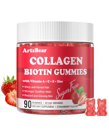 Collagen Gummies with Vitamins C, A, E, Zinc, and Biotin Hydrolyzed Collagen Peptide Supplement for Hair, Skin, and Nails Vegan, Sugar-Free, Strawberry Flavor 90 Gummy 90 Count (Pack of 1)