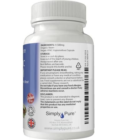 Organic Vegan Neem Capsules x 90 (500mg) - Soil Association Certified Gluten Free - GM Free - Buy Online on GoSupps.com