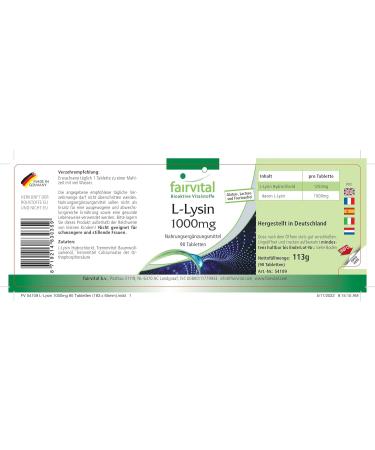 Fairvital L-Lysine 1000mg - High Dose 1250mg L-Lysine HCL | 90 Tablets for Immune Support & Health | International Shipping Available - Buy Online on GoSupps.com