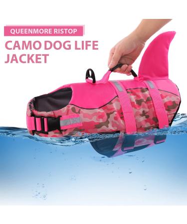 Queenmore XL Dog Life Jacket - Adjustable Ripstop Buoyancy Vest for Medium Dogs | Durable Rescue Handle - Pink Camo Shark Design - Buy Online on GoSupps.com