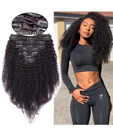 Afro Clip in Extensions for Complete Hair Extension Remy 8 Parts Double Wefts 18 Clips Kinky Curly 40cm 115g #1B Natural Black