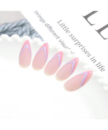 Sethexy French Almond False Nails - Wave Line Press On Acrylic Nails - 24 Pieces Pink Abstract Design for Women & Girls - Buy Online on GoSupps.com