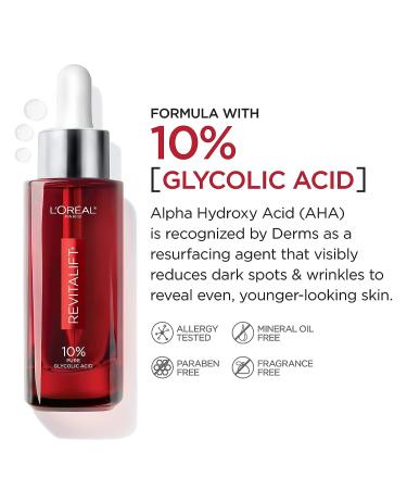 L'Oreal Paris Revitalift 10% Pure Glycolic Acid Face Serum 1.0 fl oz - Visibly Evens Tone, Reduces Wrinkles - Fragrance Free - Buy Online on GoSupps.com