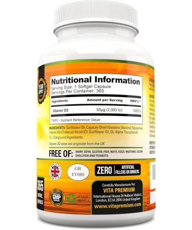365 Easy to Swallow Softgels - Vitamin D3 Supplement 2000 IU for Optimal Strength - Full Year Supply - Buy Online on GoSupps.com