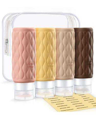 Travel Bottles for Toiletries 3.4 oz TSA Approved Silicone Travel Bottles with Clear Toiletry Bag and Labels Essential Travel Accessories for Shampoo Conditioner Lotion 4 Pack (Cream)