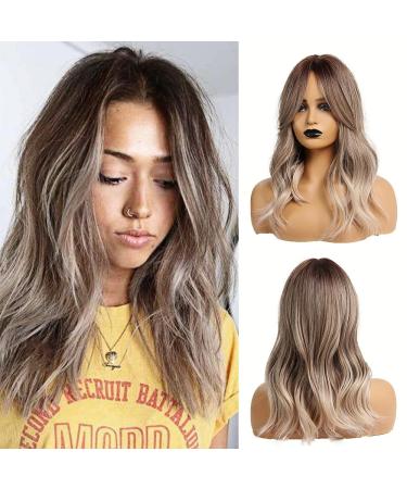 Oefei ombre brown light ash blonde wigs natural synthetic heat-resistant fiber long wavy hair wigs for women wear daily party wear ombre brown light ash blonde (250-1)
