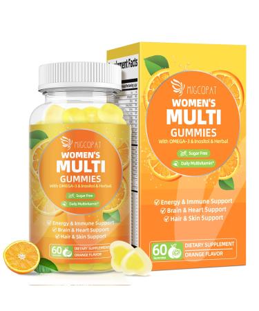 Migcopat Multivitamin Gummies for Women w/Omega-3 Inositol Folate Biotin Women Multivitamin Gummy w/Vitamins A C D3 E B12 for Heart Brain Energy Immune Sugar Free Orange Flavor 60 Ct