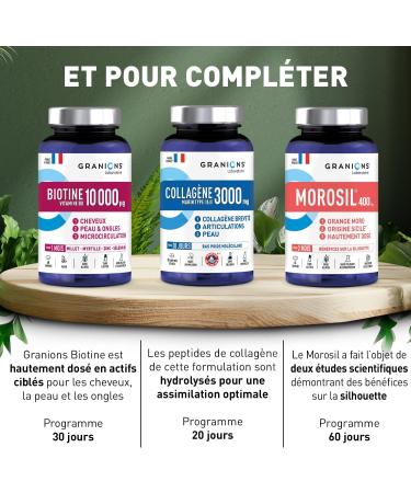 Biotin 10 000 g GRANIONS Food Supplement Hair Skin Nails - Vitamin B5 Biotin Millet Cystine Blueberry Zinc Selenium Methionine - Vegan Gluten Free 60 Tablets Made in France - Buy Online on GoSupps.com