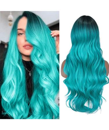 FAVE Ombre Bluish Green Wig Long Wavy Side Part Wig Heat Resistant Synthetic Hair Teal Blue Wig Mermaid Wigs for Women (Ombre Bluish Green) 1-Ombre to Bluish Green