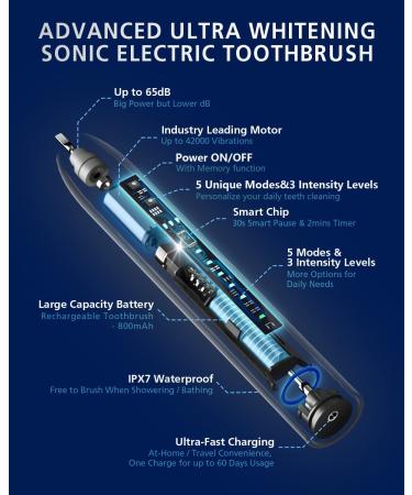 Wireless Rechargeable Sonic Electric Toothbrush for Adults | 8 Brush Heads, Travel Case | 5 Modes, 3 Intensity Levels, Smart Timer | Whitening, Plaque Removal | 60 Days Battery Life - Buy Online on GoSupps.com