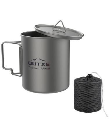 OUTXE Titanium Pot 750ml with Lid Ultralight Titanium Mug Foldable Handle Eco-Friendly Cup for Backpacking Hiking Outdoors