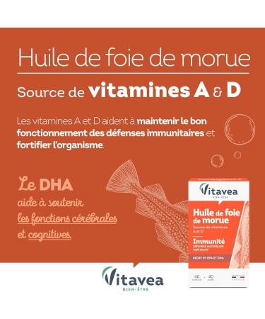 Vitavea - Cod Liver Oil - Immunity Natural Defenses Fortifying - Omega 3 DHA and Vitamins - Vitamin D and A - 40 Capsules - 40 Capsules - 40 Day Cure - Made in France - Buy Online on GoSupps.com