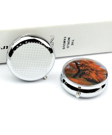 Fall-Themed Round Pill Box | 3 Compartment Metal Organizer - Portable & Decorative Pill Case - Buy Online on GoSupps.com