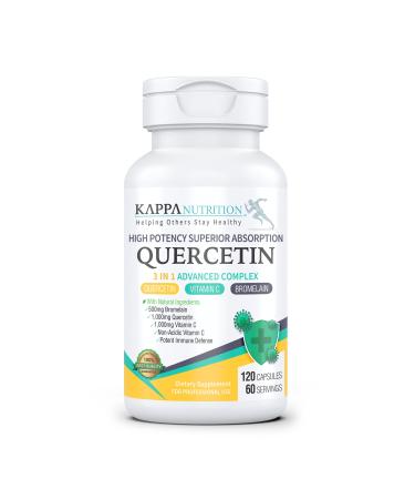 (120 Capsules), Quercetin 1,000mg, Bromelain 500mg and Vitamin C 1,000mg, 3 in 1 from Kappa Nutrition. Bioflavonoids, Supports Immune, Cardiovascular & Respiratory Health, Seasonal Allergy Relief.