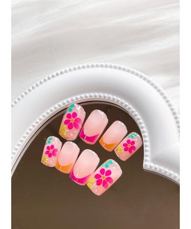 Square French Tip Press on Nails with Colorful Flower Designs - 24 Pcs Medium Square Style - Buy Online on GoSupps.com