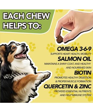 Omega 3 Skin & Coat Dog Chews with Biotin Garlic & Salmon Oil for Healthy Skin Shiny Coat & Itch Comfort in All Breeds and Sizes - 1 Bottle 60 Soft Chews - Buy Online on GoSupps.com