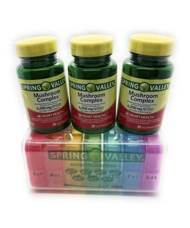 3 Bottles of Spring Valley Mushroom Complex Dietary Supplement 6 200mg 30 Capsules Each Bottle. Plus Bonus 7 Day Pill Case.