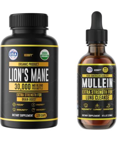 HERBIFY Bundle Lions Mane Capsules & Mullein Drops - Daily Supplement for Memory Focus Clarity & Powerful Lung Cleanse Support