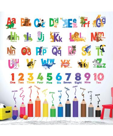 DECOWALL SG3-2316 Leaning Alphabet Numbers Color Wall Stickers ABC Animal Educational Decals for Kids Bedroom Nursery Living Room Art Home d cor Letters Classroom playroom (XLarge) Abc 123