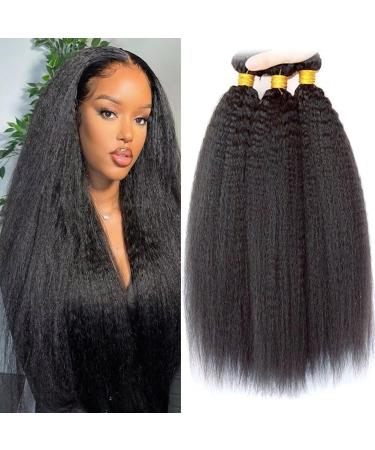 Ladiary Brazilian hair bundle of real hair Kinky Straight Human Hair 3 Bundles 20 22 24 Inch Yaki Straight Hair Weaven 9a Brazilian Hair Remy Human Hair Weaven Natural Black Color 20 22 24 inch