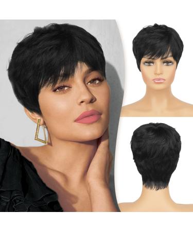 RUWISS Pixie Cut Wig Human Hair Wigs Human Hair Wig with Bangs Natural Short Black Glueless Wigs Layered Wavy Different Style Short Wigs for Black Women (1B) FH-1198 FH-1198-1B