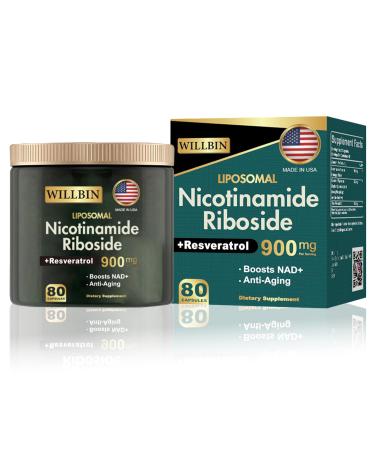 Willbin Liposomal NAD+ Supplement Nicotinamide Riboside with Resveratrol NAD Nicotinamide Riboside Boost Energy Focus Anti-Aging for Women & Men - 80 Vegan Capsules