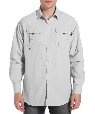 NOMINATE Mens Long Sleeve Fishing Shirts UPF 50+ UV Protection Sun Shirts Quick Drying Hiking Lightweight Light Grey X-Large