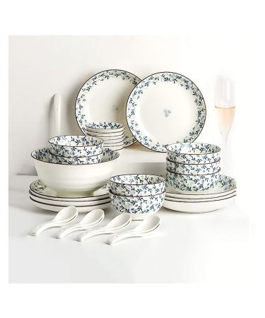 Dinner Plates 30 Pieces of Household Ceramic Dinnerware Set Elegant Blue Plant Flowers Plates and Bowls Sets Dinner Plate Sets with Brown Hand-Painted Strokes Plates Kitchenware