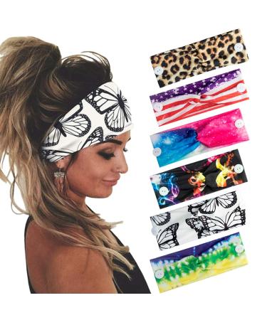 fani 6Pcs Mask Holding headband with Buttons, Protect Ears Stretchy Colorful Headbands National Flag Pattern Leopard Print Fashion Butterfly Pattern Head Accessories for Men & Women and Doctor Nurse Style C