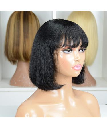 Bob Wigs with Bangs Human Hair for Black Women - 10 Inch Brazilian Virgin Straight Wig | Glueless Machine Made Full Wig (1B) - Buy Online on GoSupps.com