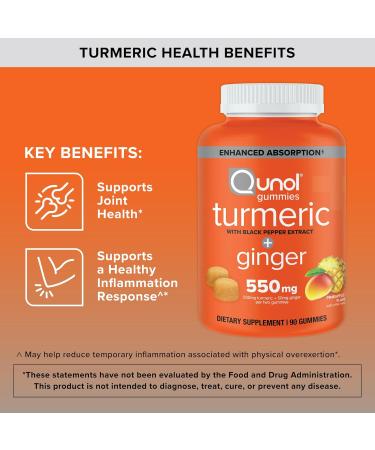Qunol Turmeric and Ginger with Black Pepper Gummies Turmeric Curcumin Supplement Joint Health Support Gummy 90ct Gummies - Buy Online on GoSupps.com