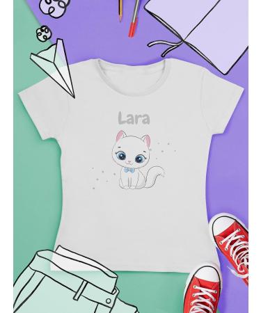 Personalized Name Gift T-Shirt for Girls - Cute Cat Design by Shirtracer - Cat Lovers' White Tee 128 - Buy Online on GoSupps.com