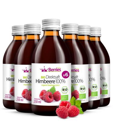 Organic raspberry juice 6 Pack (6x250ml) - organic pure raspberry -thirk juice - 100% cold -pressed raspberry mother juice - without dyes without sugar without GMO without preservatives - vegan - Berriespolska raspberry 250 ml (6 Pack)