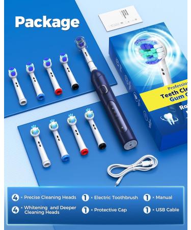 Rotating Electric Toothbrush for Adults with 8 Brush Heads (2 Types) 4 Modes Deep Clean Electric Toothbrush with Rechargeable Power and 2 Min Smart Timer Deepblue 4-deepblue - Buy Online on GoSupps.com