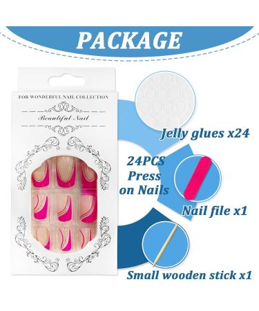24 Pieces Short Press On Nails - Rose Red Angular French Acrylic Full Cover with Gold & White Lines | Perfect Fake Nails for Women & Girls - Buy Online on GoSupps.com