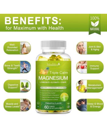 Magnesium L-Threonate Gummies 1000mg with Glycinate 500mg Citrate 500mg - Sugar Free & High Absorption Formula with Vitamin D, K2, B6, Potassium - 60 Gummies - Buy Online on GoSupps.com