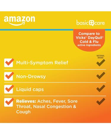 Amazon Basic Care Daytime Cold and Flu Relief Softgels, Non-Drowsy Cold Medicine, Relief of Pain, Fever, Cough, Sore Throat, Nasal Congestion, 24 Count - Buy Online on GoSupps.com