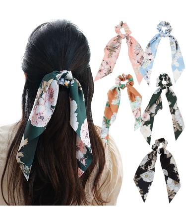5 Pcs Satin Bowknot Hair Scrunchies Floral Hair Band Elastic Hairbands Hair Scarf Scrunchies Ponytail Holder Hair Accessories for Women Girls Pattern 2