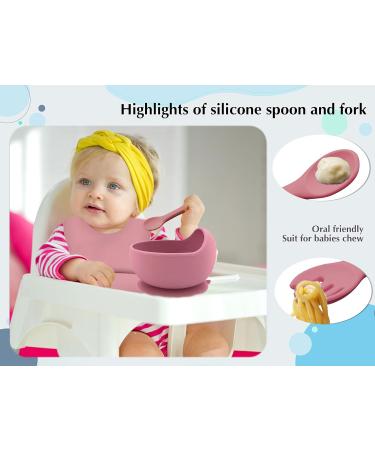 Hoseay Baby Weaning Set - 5 Pcs Silicone Feeding Set with Suction Bowl, Plate, Fork, Spoon, Bib - Baby Led Weaning Supplies for Kids/Toddlers in Pink - Buy Online on GoSupps.com