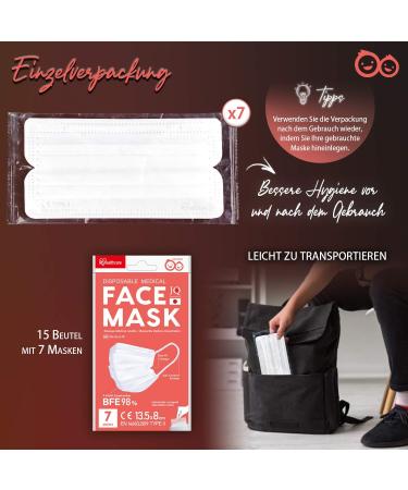 Iris Ohyama 105 Surgical Disposable Masks - 3-Layer BFE 98% - Size S - Individual Packaging - Irritation-Free Rubber Band - White - 15 Sets of 7 Pieces - Buy Online on GoSupps.com