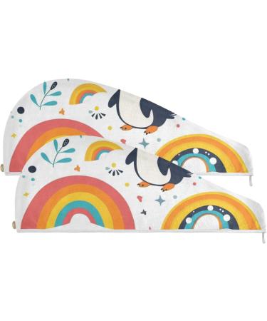 Rainbow Lovely Penguins Hair Towel 2 Pack - Super Absorbent Quick Dry Hair Turbans for Women & Girls - Buy Online on GoSupps.com