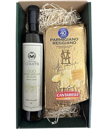 Oleum Comitis - Extra Virgin Olive Oil - 100% Italian Cold Extract - Gift Box with 750 ml Bottle and Parmigiano Reggiano Cantarelli 1876 Seasoned 40 Months 1 kg - Buy Online on GoSupps.com
