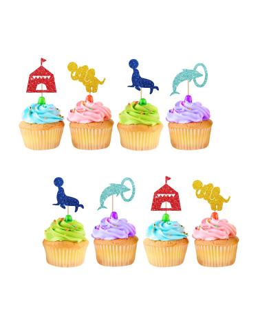 24pcs Circus Cupcake Toppers Circus Animal Cupcake Toppers Colorful Glitter Carnival Cake Decoration for Kids Carnival Themed Baby Shower/Birthday Party Supplies