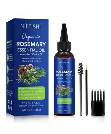 Rosemary Essential Oil for Hair Growth Scalp Massage and Body - 120ml Pure Organic Infusion with Castor Oil Improves Blood Circulation Reduces Hair Loss