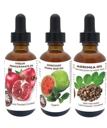 Best Nature's Cosmetics Natural Beauty Oil Trio Guava Pomegranate & Moringa Oils Hydrating Anti-Aging & Revitalizing For Hair Face & Body