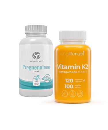 LongLifeNutri Pregnenolone 100 mg + Vitamin K2 (MK-7) 100 mcg Bundle 300 Capsules Multi-Month Supply (Vegetarian) Non-GMO Made in USA