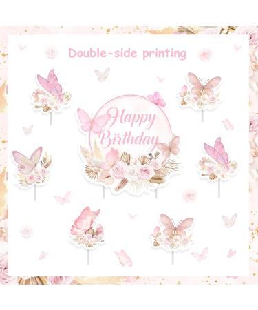 Butterfly Happy Birthday Cake Toppers Set 24 Pcs Butterfly Cupcake Picks with 1 Pc Pink Boho Cake Topper Girls Birthday Party Decorations Supplies - Buy Online on GoSupps.com