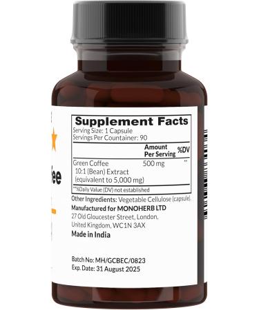 MONOHERB Green Coffee Extract 500 mg - 90 Vegetarian Capsules - Buy Online on GoSupps.com